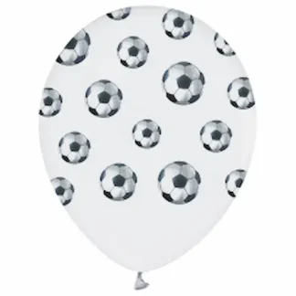 Bijeli lateks baloni promjera 30 cm s uzorkom nogometnih lopti. Savršeni za nogometne rođendane, sportske zabave i navijačke proslave.