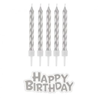 Rođendanske Svijeće Za Tortu - Happy Birthday set, Srebrna 16 kom