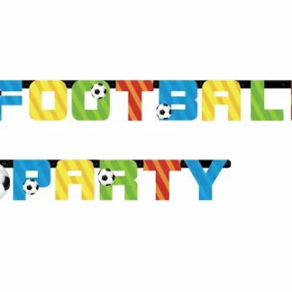 Nogometni papirnati banner Football Party dužine 160 cm sa šarenim slovima i motivima nogometnih lopti. Idealan za nogometne rođendane i sportske tematske zabave.
