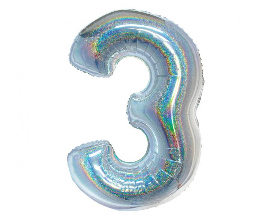 Folijski Balon Broj 3 - Holografski, Srebrni, 76cm