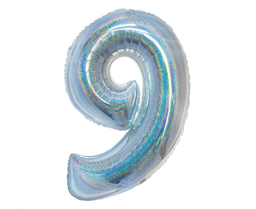 Folijski Balon Broj 9 - Holografski, Srebrni, 76cm