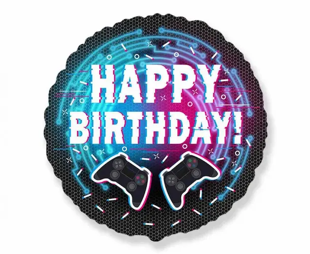 Okrugli Gamer folijski balon Happy Birthday promjera približno 46 cm s neon dizajnom i motivima game kontrolera. Idealan ukras za gamerske rođendane i tematske zabave.
