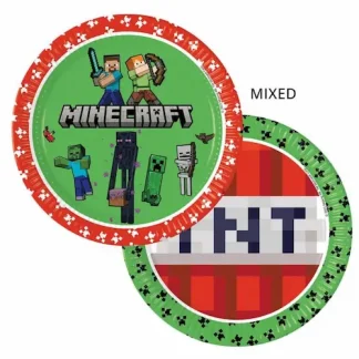 Minecraft papirnati tanjuri promjera 23 cm u pakiranju od 8 komada s prepoznatljivim gaming dizajnom. Savršeni za rođendane – stvaraju wow efekt i oduševljavaju male fanove.