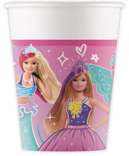 Barbie papirnate čaše od 200 mL u pakiranju od 8 komada s razigranim, dječjim dizajnom. Savršen izbor za rođendansku zabavu koji dodaje čaroliju i veselje svakom stolu.