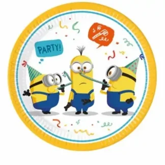 Malci (Minions) papirnati tanjur 23 cm s veselim motivom Malaca, party trubicama i konfetima. Idealan za dječje rođendane i Minions tematske zabave.