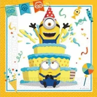 Malci (Minions) papirnata salveta 33x33 cm s motivom Minions likova, rođendanske torte i šarenih konfeta. Idealan dodatak dječjim rođendanima i Minions tematskim zabavama.