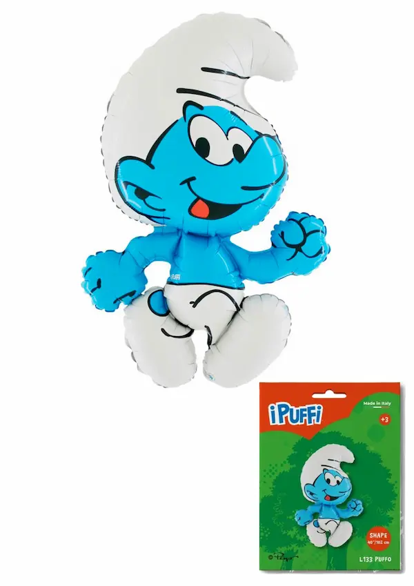 Štrumpfovi folijski balon u obliku veselog plavog Štrumpfa s bijelom kapom, veličine približno 81 cm. Upečatljiv ukras za Štrumpfovi rođendan.