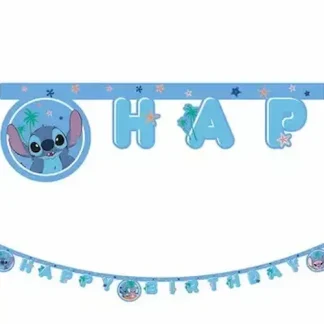 Stitch Happy Birthday banner 2 m sa šarenim motivima za veselu rođendansku proslavu. Dodaj u košaricu i stvori party koji se pamti!