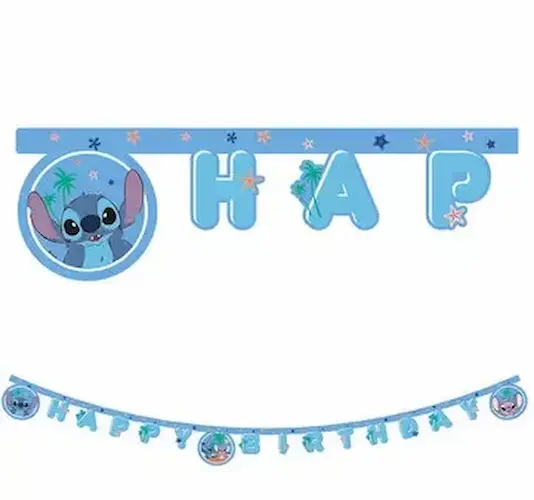 Stitch Happy Birthday banner 2 m sa šarenim motivima za veselu rođendansku proslavu. Dodaj u košaricu i stvori party koji se pamti!
