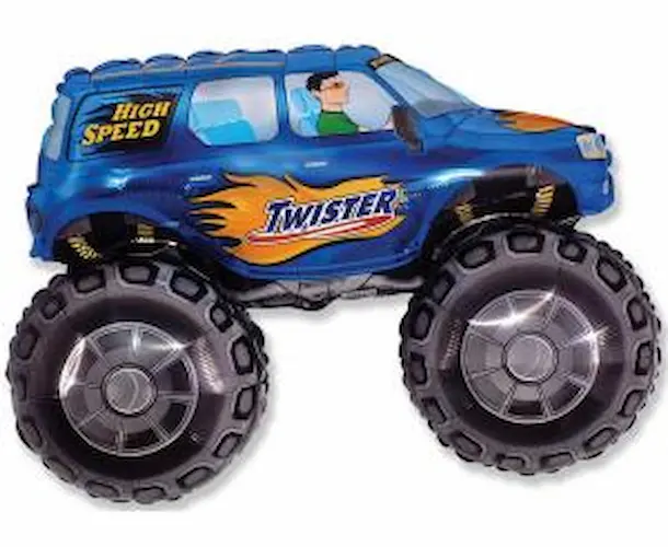 Veliki folijski balon u obliku plavog monster truck automobila s ogromnim kotačima i sportskim detaljima. Idealan ukras za dječje rođendane i auto tematske proslave.