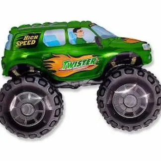 Veliki folijski balon u obliku zelenog monster truck automobila s velikim kotačima i sportskim detaljima. Idealan ukras za dječje rođendane i auto tematske proslave.