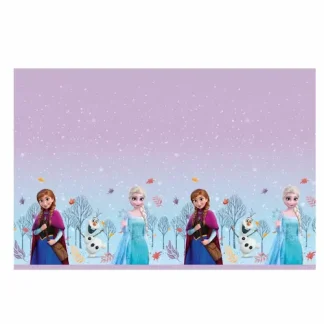 Frozen Idyllic Wonder stolnjak 120x180 cm s motivima Else, Anne i Olafa u nježnim zimskim bojama. Savršen za Frozen rođendane i čarobne dječje proslave.