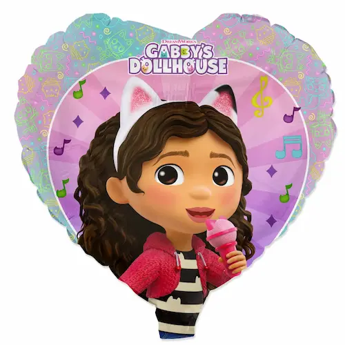 Gabby’s Dollhouse folijski balon u obliku srca promjera 45 cm s motivom Gabby. Savršen ukras za dječje rođendane, foto-kutke i tematske zabave.