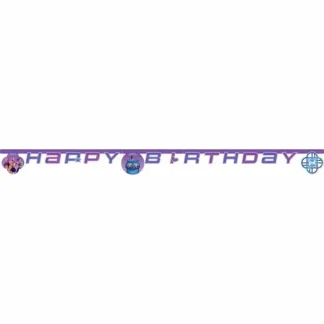 K-Pop: Demon Hunters Happy Birthday papirnati banner 2 m u ljubičastim tonovima s tematskim motivima i rođendanskim natpisom. Savršena dekoracija za K-pop rođendane i tematske zabave.