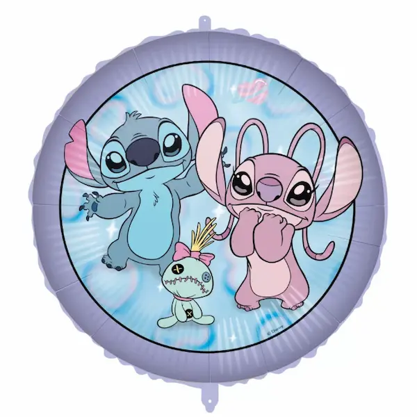 Okrugli folijski balon Stitch i Angel ~36 cm s motivom Stitcha, Angel i Scrumpa. Šareni dodatak Stitch rođendanskoj dekoraciji.