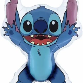 Folijski balon Stitch ~60 cm u obliku plavog Disneyjevog junaka s raširenim ušima, podignutim šapicama i širokim osmijehom. Vesela dekoracija za Stitch dječji rođendan.