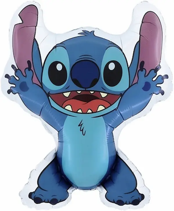 Folijski balon Stitch ~60 cm u obliku plavog Disneyjevog junaka s raširenim ušima, podignutim šapicama i širokim osmijehom. Vesela dekoracija za Stitch dječji rođendan.