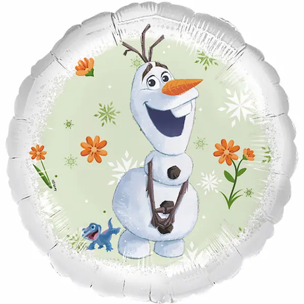 Frozen folijski balon Olaf okrugli ~36 cm s nasmijanim snjegovićem, snježnim pahuljicama i narančastim cvjetićima na svijetlozelenoj pozadini. Vesela dekoracija za Frozen rođendan.