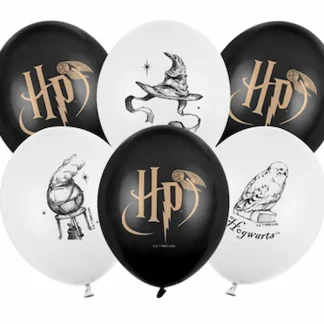 Harry Potter set od 6 lateks balona promjera ~30 cm u crnoj i bijeloj boji sa zlatnim HP logotipom, Razredbenim klobukom, sovom Hedvigom i čarobnjačkim motivima. Dekoracija za Harry Potter rođendan.