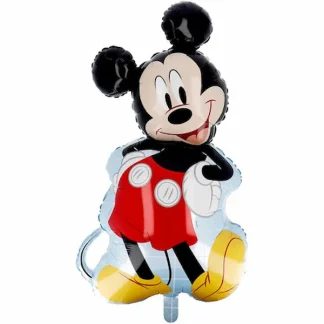 Mickey folijski balon ~79 cm u obliku nasmijanog Mickeyja Mousea s crvenim hlačicama, bijelim rukavicama i žutim cipelama. Vesela Disney dekoracija za dječji rođendan.