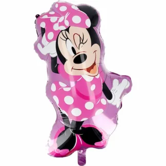 Minnie folijski balon ~76 cm u obliku nasmijane Minnie Mouse s ružičastom mašnom, haljinicom na bijele točkice i ružičastim cipelama. Vesela dekoracija za Minnie Mouse rođendan.