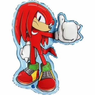 Sonic folijski balon Knuckles ~50x54 cm u obliku crvenog junaka s velikim bijelim rukavicama i šarenim tenisicama. Atraktivna dekoracija za Sonic tematski rođendan.