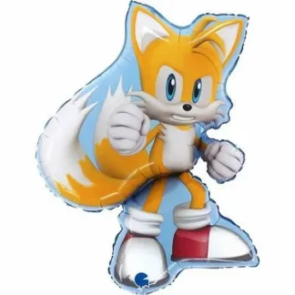 Folijski balon Sonic Miles 'Tails' Prower ~66 cm u obliku žuto-narančastog lisca s dva repa, plavim očima i crveno-bijelim tenisicama. Vesela dekoracija za Sonic rođendan.